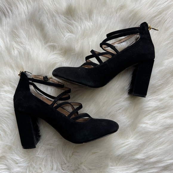 Adrienne Vittadini Black Chunky Heels with Criss Cross Straps Suede Black - Picture 3 of 6